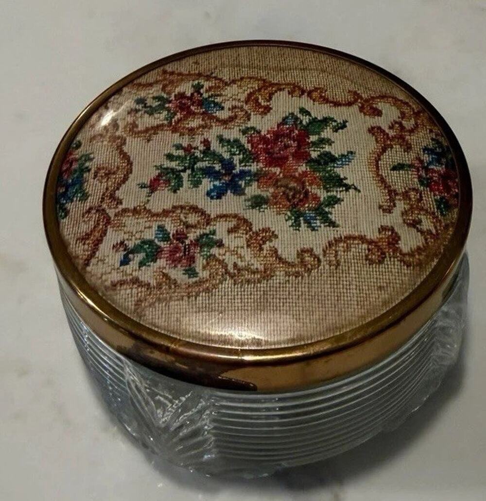 Vintage Round Glass Vanity Jar Metal Lid Tapestry Flowers Design 3.5"x 2"